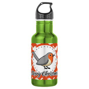 Robin on Orange White Bird Pattern - Merry Xmas Edelstahlflasche