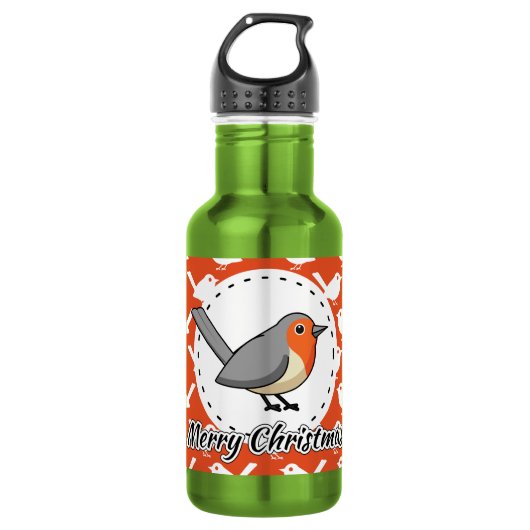 Robin on Orange White Bird Pattern - Merry Xmas Edelstahlflasche (Vorderseite)