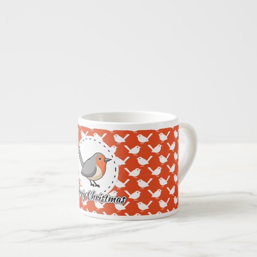 Robin on Orange White Bird Pattern - Merry Xmas Espressotasse (Vorderseite Rechts)