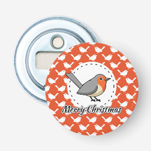 Robin on Orange White Bird Pattern - Merry Xmas Flaschenöffner