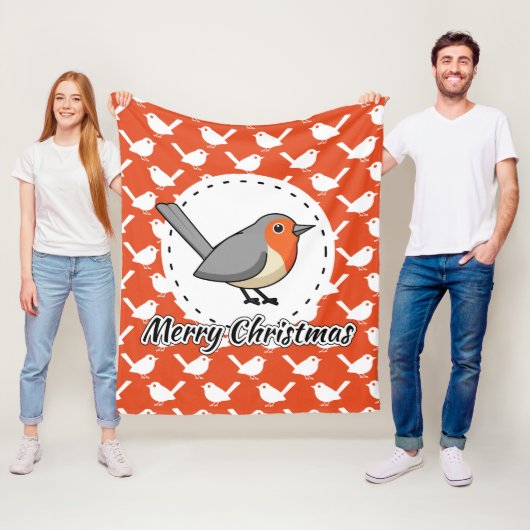 Robin on Orange White Bird Pattern - Merry Xmas Fleecedecke (Beispiel)
