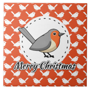 Robin on Orange White Bird Pattern - Merry Xmas Fliese