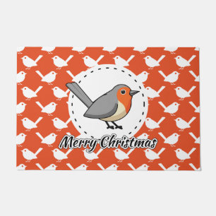 Robin on Orange White Bird Pattern - Merry Xmas Fußmatte