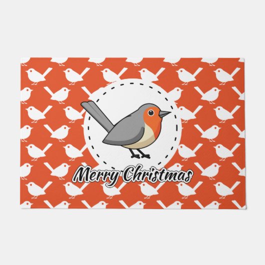 Robin on Orange White Bird Pattern - Merry Xmas Fußmatte (Vorderseite)