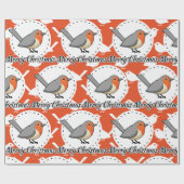 Robin on Orange White Bird Pattern - Merry Xmas Geschenkpapier (Flach)