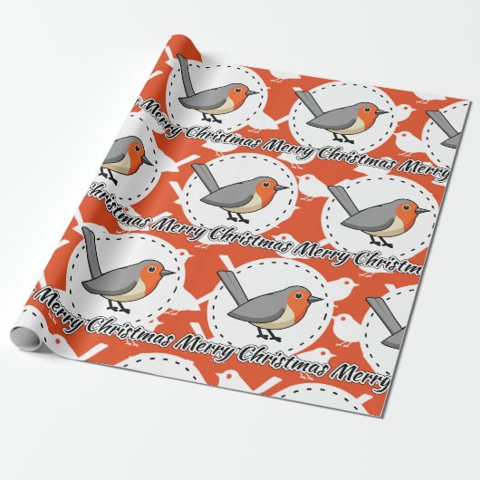 Robin on Orange White Bird Pattern - Merry Xmas Geschenkpapier (Ungerollt)