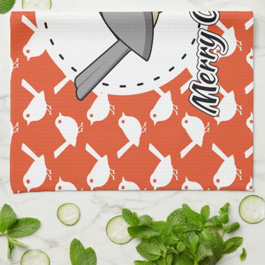 Robin on Orange White Bird Pattern - Merry Xmas Geschirrtuch (Gefaltet)