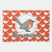 Robin on Orange White Bird Pattern - Merry Xmas Geschirrtuch (Horizontal)