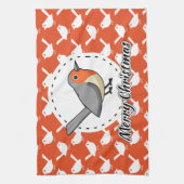 Robin on Orange White Bird Pattern - Merry Xmas Geschirrtuch (Vertikal)