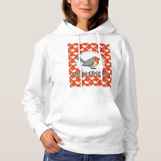 Robin on Orange White Bird Pattern - Merry Xmas Hoodie (Vorderseite)