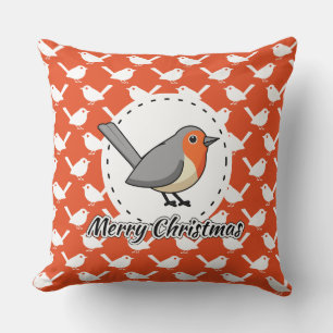 Robin on Orange White Bird Pattern - Merry Xmas Kissen