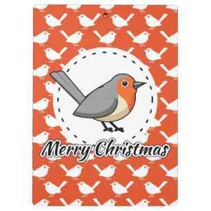 Robin on Orange White Bird Pattern - Merry Xmas Klemmbrett