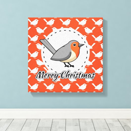 Robin on Orange White Bird Pattern - Merry Xmas Leinwanddruck (Insitu (Holzboden))
