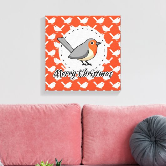 Robin on Orange White Bird Pattern - Merry Xmas Leinwanddruck (Insitu (Wohnzimmer))