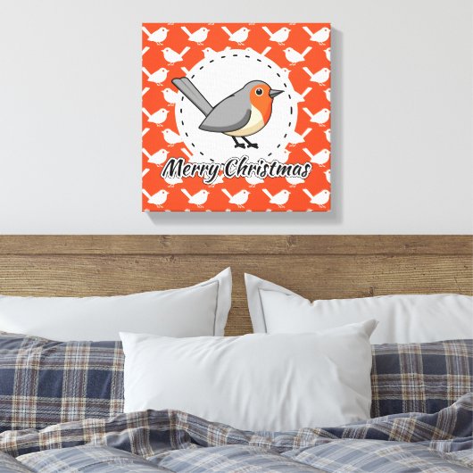 Robin on Orange White Bird Pattern - Merry Xmas Leinwanddruck (Insitu (Schlafzimmer))