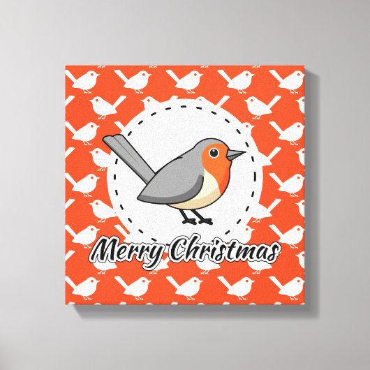 Robin on Orange White Bird Pattern - Merry Xmas Leinwanddruck (Vorderseite)