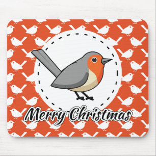 Robin on Orange White Bird Pattern - Merry Xmas Mousepad