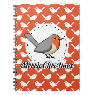 Robin on Orange White Bird Pattern - Merry Xmas Notizblock