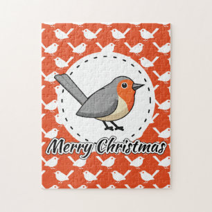 Robin on Orange White Bird Pattern - Merry Xmas Puzzle