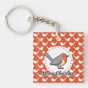 Robin on Orange White Bird Pattern - Merry Xmas Schlüsselanhänger