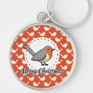 Robin on Orange White Bird Pattern - Merry Xmas Schlüsselanhänger