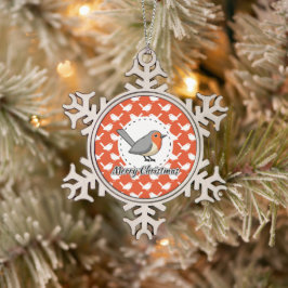Robin on Orange White Bird Pattern - Merry Xmas Schneeflocken Zinn-Ornament