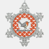 Robin on Orange White Bird Pattern - Merry Xmas Schneeflocken Zinn-Ornament (Vorderseite)