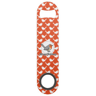 Robin on Orange White Bird Pattern - Merry Xmas Speed Flaschenöffner