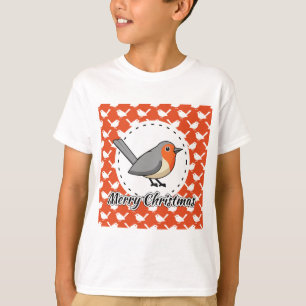 Robin on Orange White Bird Pattern - Merry Xmas T-Shirt