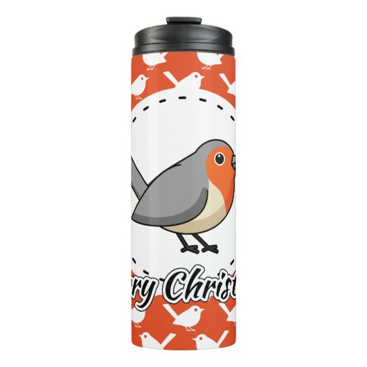 Robin on Orange White Bird Pattern - Merry Xmas Thermosbecher (Vorderseite)