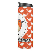 Robin on Orange White Bird Pattern - Merry Xmas Thermosbecher (Nach rechts gedreht)