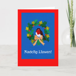 Robin on Wreath Christmas Card: Welsh Greeting Feiertagskarte