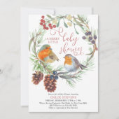 Robin Pine Cone Wreath Merry Little Baby Shower Einladung (Vorderseite)