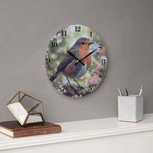Robin Red Breast in Nature | Bäume und Blume Große Wanduhr (Büro)