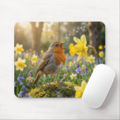 Robin Singing Into a Daffodil Mousepad (Mit Mouse)