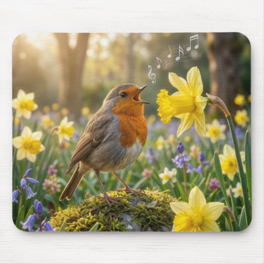 Robin Singing Into a Daffodil Mousepad (Vorne)