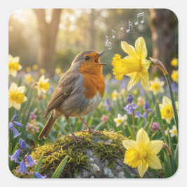 Robin Singing Into a Daffodil Quadratischer Aufkleber