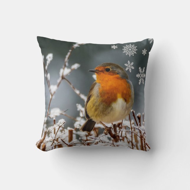 Robin Songbird im Winter Throw Kissen (Vorderseite)
