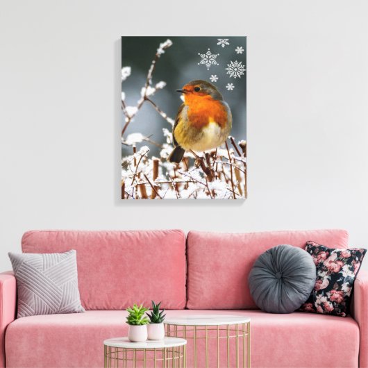 Robin Songbird mit Snowflakes Canvas Print Leinwanddruck (Insitu (Wohnzimmer))