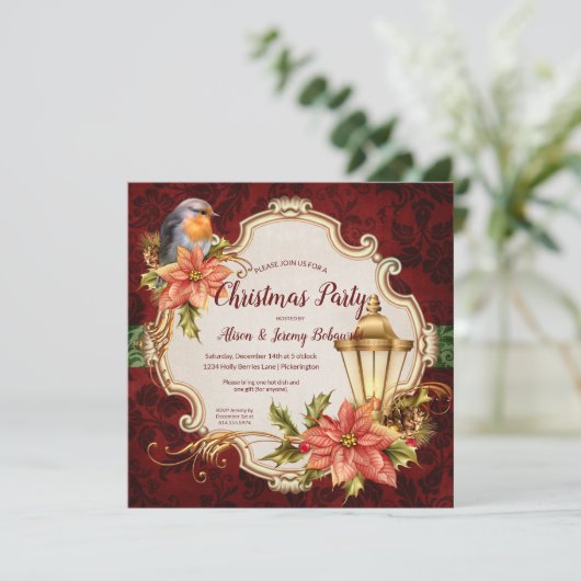 Robin u. Laternen-WeihnachtsParty Einladung (Stehend Vorderseite)