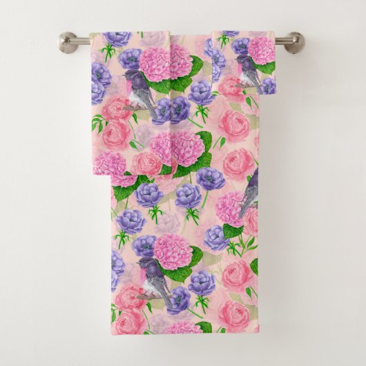 Robin und Blume, Aquarellmuster Badhandtuch Set (Insitu)