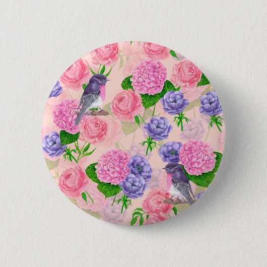 Robin und Blume, Aquarellmuster Button (Vorderseite)