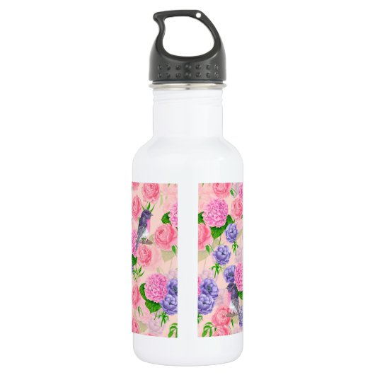 Robin und Blume, Aquarellmuster Edelstahlflasche (Rückseite)