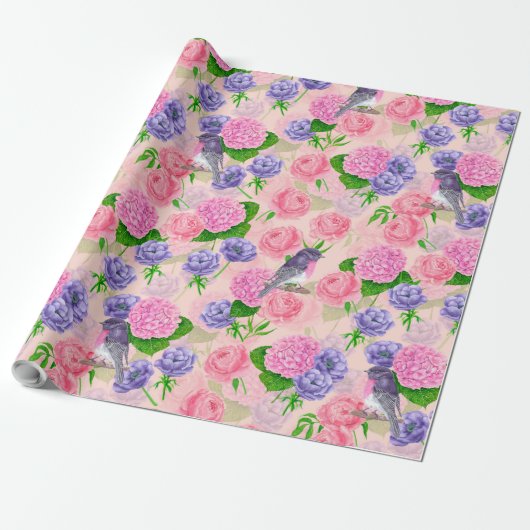 Robin und Blume, Aquarellmuster Geschenkpapier (Ungerollt)