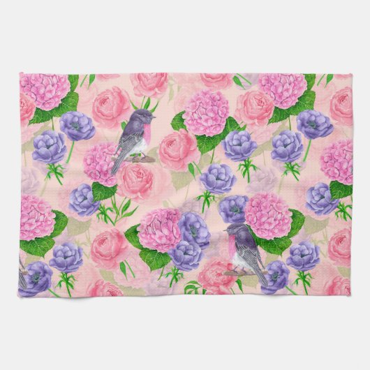 Robin und Blume, Aquarellmuster Geschirrtuch (Horizontal)