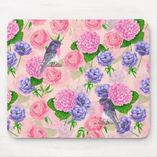 Robin und Blume, Aquarellmuster Mousepad (Vorne)