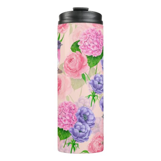 Robin und Blume, Aquarellmuster Thermosbecher (Vorderseite)