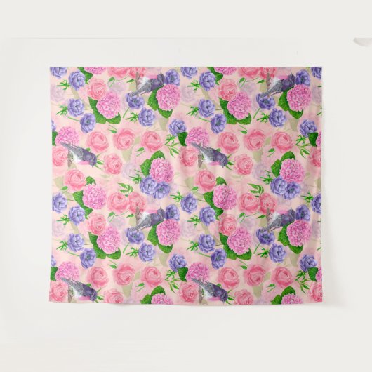 Robin und Blume, Aquarellmuster Wandteppich (Vorderseite (Horizontal))