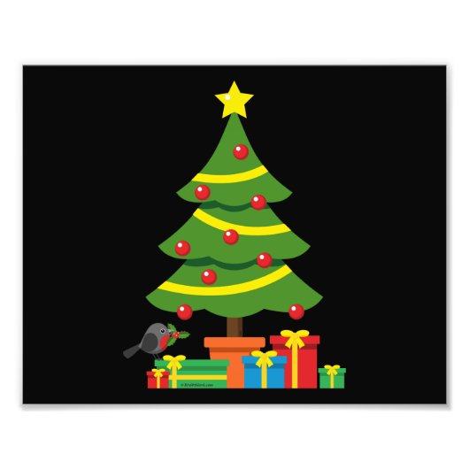 Robin und farbenfrohe Geschenke unter Weihnachtsba Fotodruck (Vorne)