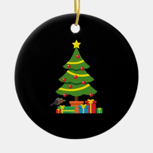 Robin und farbenfrohe Geschenke unter Weihnachtsba Keramik Ornament (Vorne)